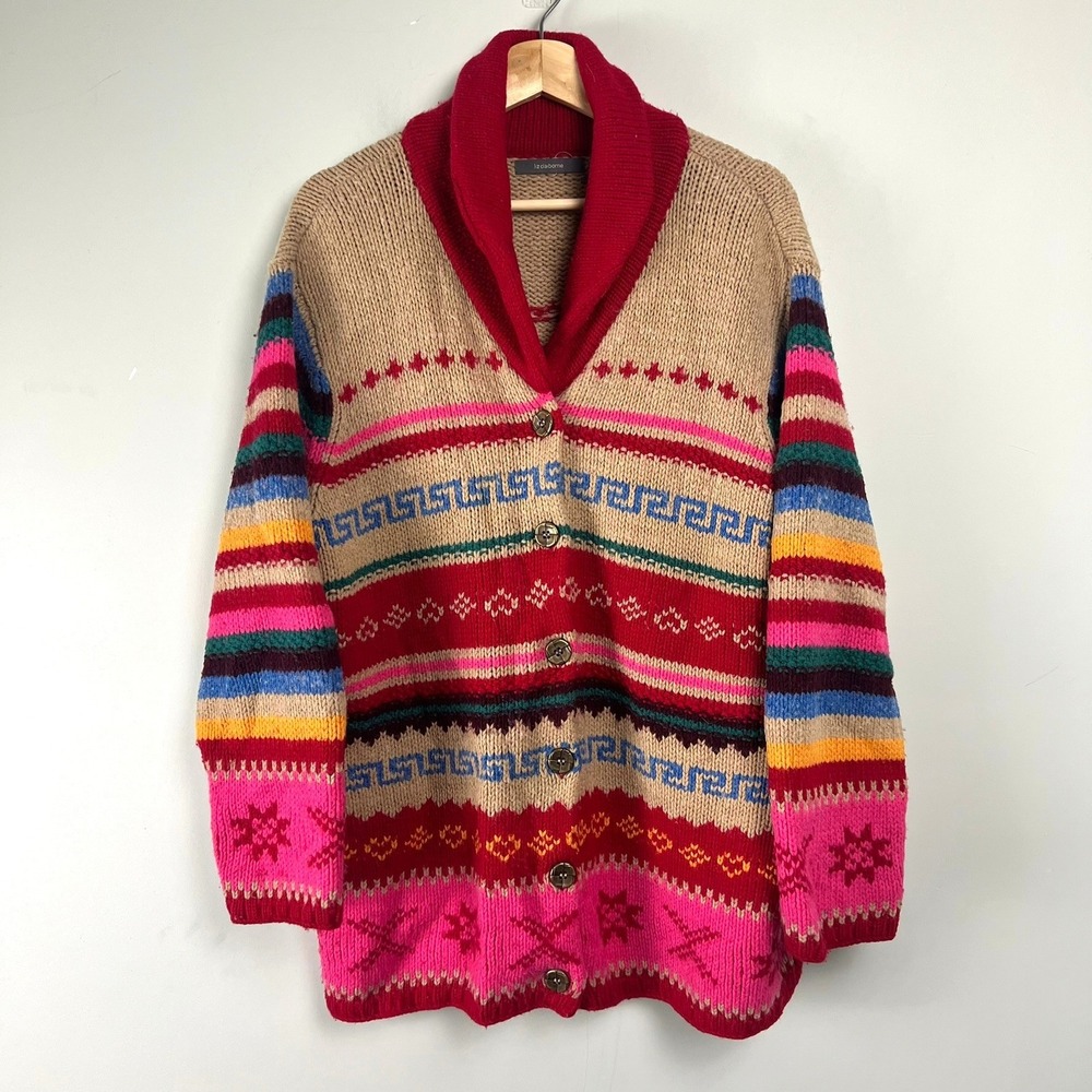 Liz Claiborne  Cardigan Sweater 2X Wool Blend Shawl Collar Fair Isle Eclectic